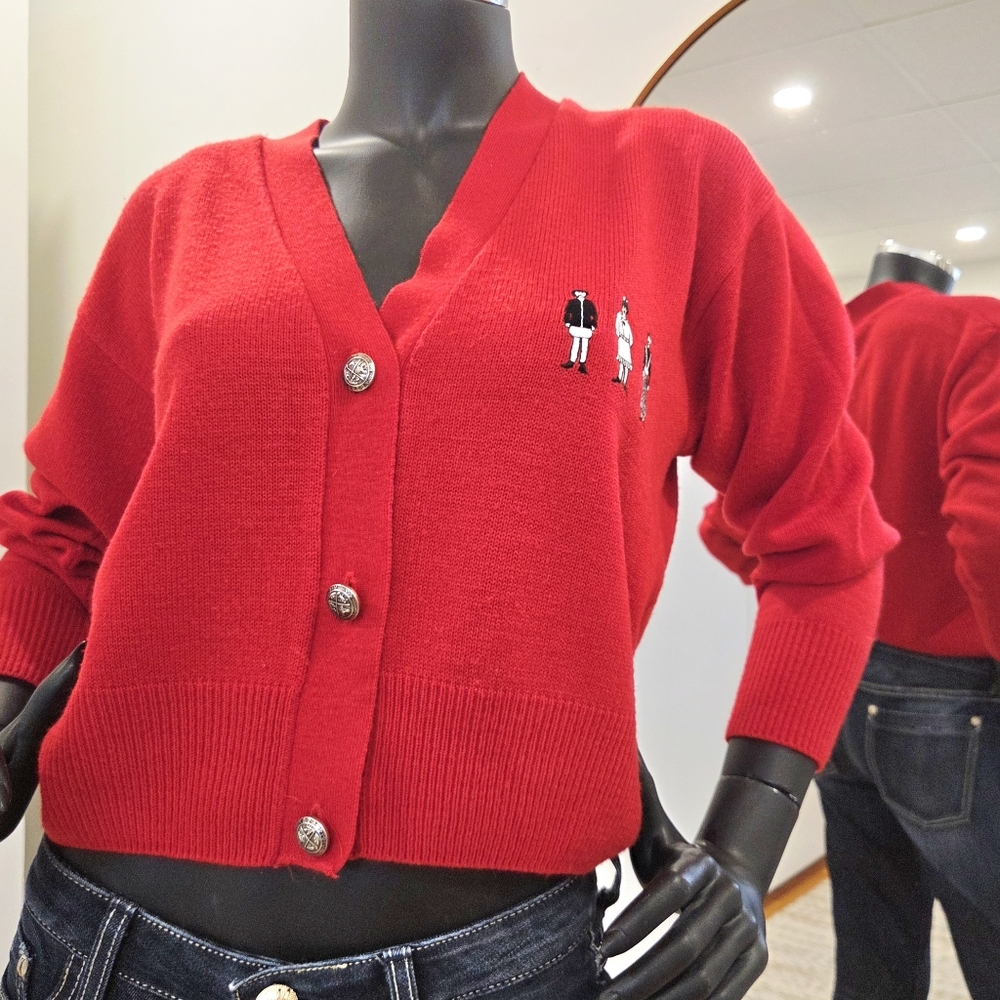 Vintage Red Embroidered Cardigan – Size 34 (Fits XS–S)